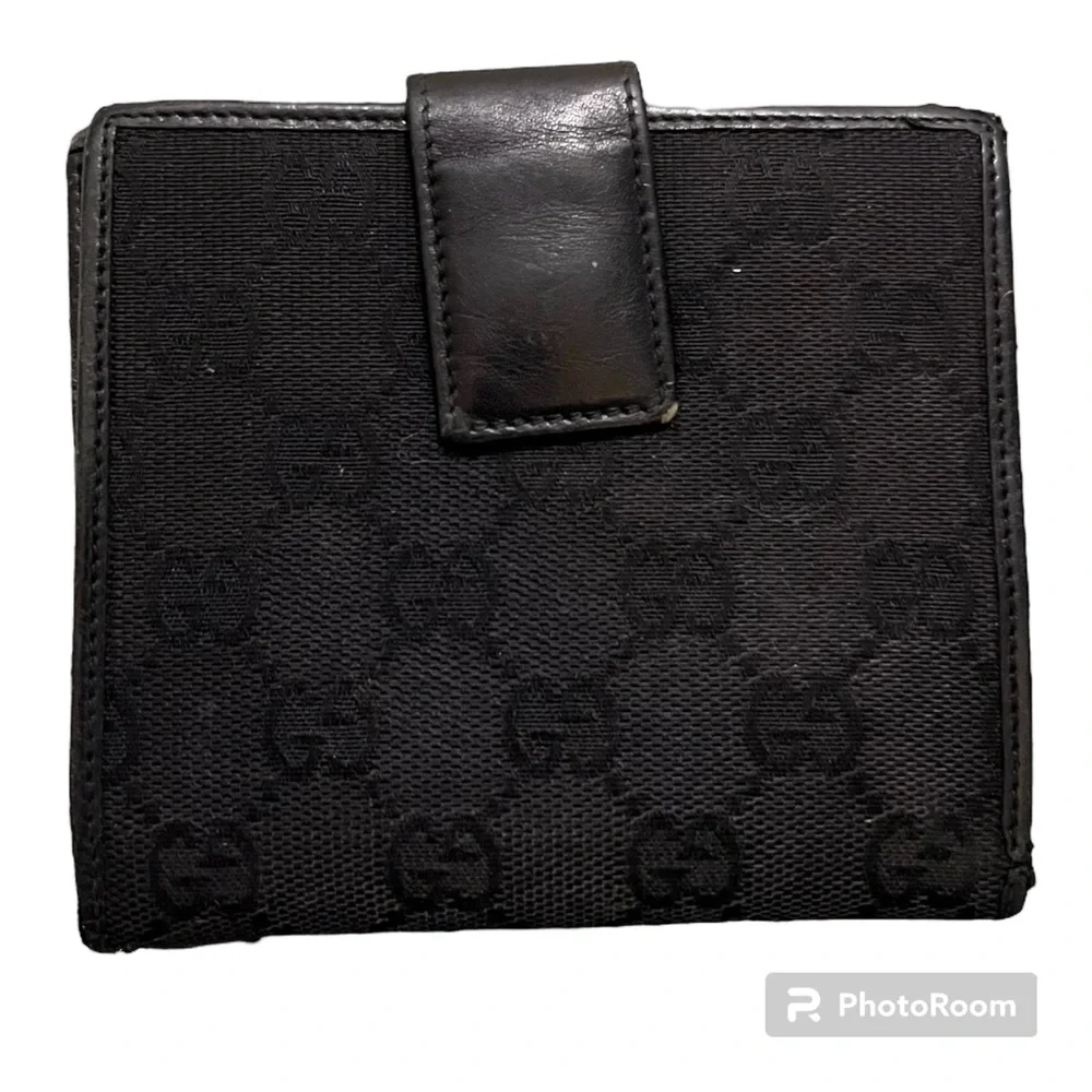 Gucci Vintage Black Leather & Canvas GG Print Small Unisex Bifold Wallet - Picture 4 of 15
